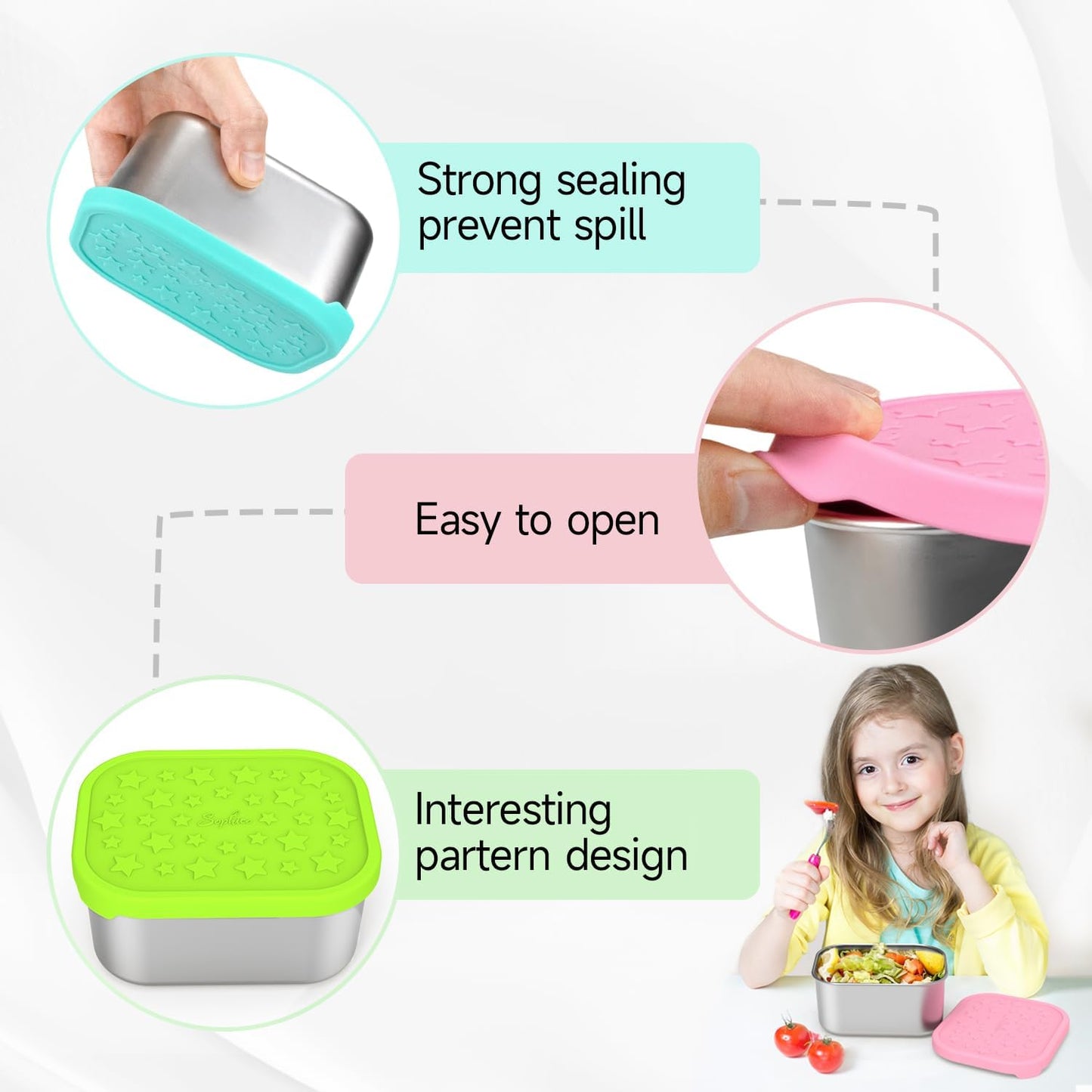 SOPHICO Stainless Steel 14 OZ Snack Containers for Kids，Food Storage Container with Silicone Lid - Perfect 304 Metal Toddler Lunch Box for Daycare and School, Leak Proof (MIX, 4 PACK)