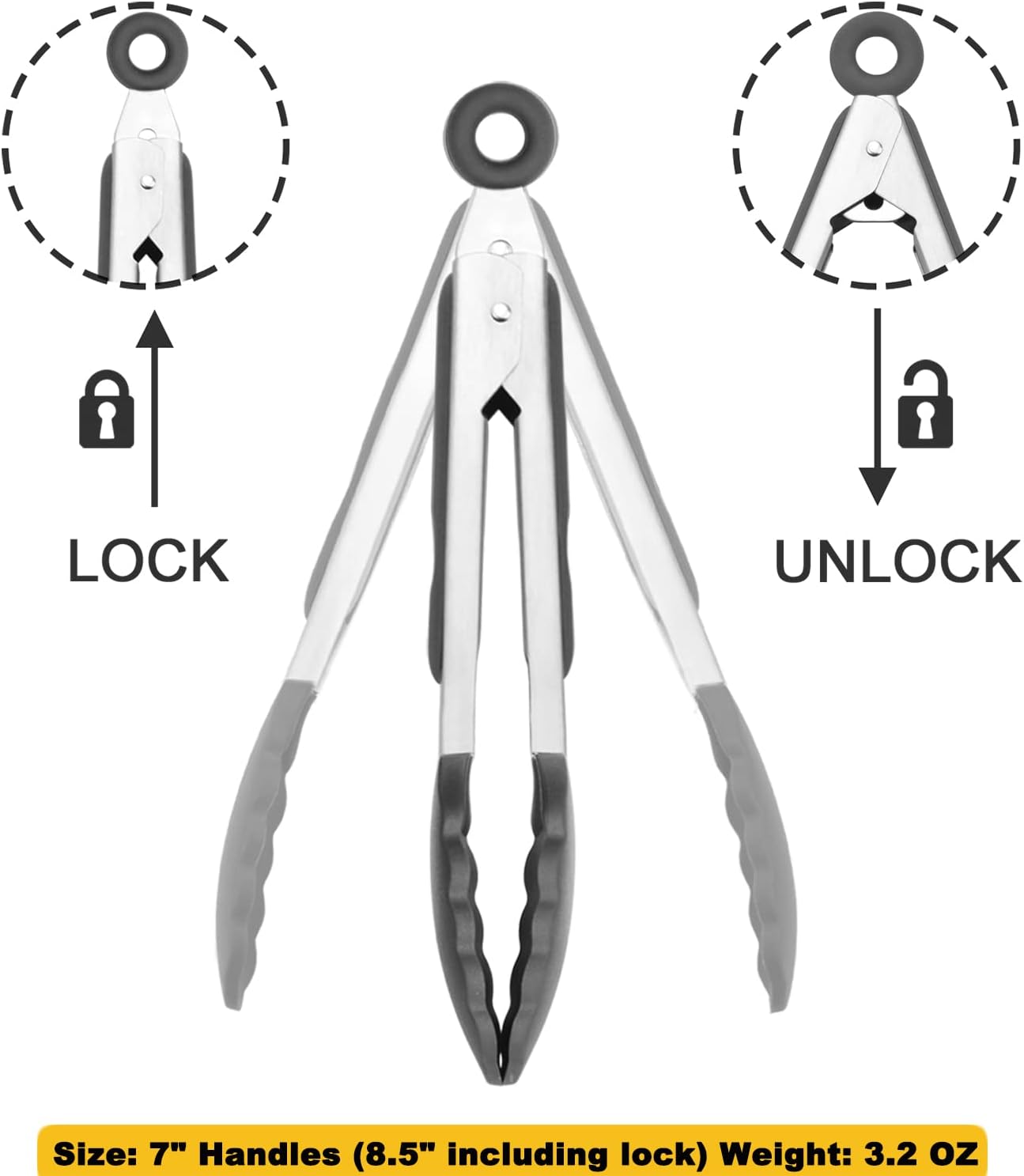 Small Silicone Tongs 7-Inch Mini Serving Tongs, Set of 3 (Black Gray White)