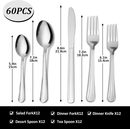 Silverware Set for 12 - Dominion 60PCS 18/0 Stainless Steel Flatware Utensils Cutlery Set Includ Steak Knife Fork Spoon for Home, Restaurant, Wedding, Party, Dishwasher Safe & Mirror Polished
