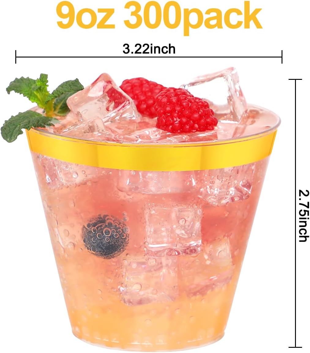 300 Pcs Gold Plastic Cups,9Oz Gold Rimmed Plastic Cups,Heavy Duty Gold Rim Clear Disposable Plasitc Cocktail Tumblers Wine Cup for Party,Wedding,Birthday,Christmas