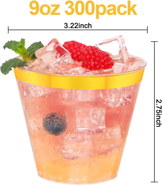 300 Pcs Gold Plastic Cups,9Oz Gold Rimmed Plastic Cups,Heavy Duty Gold Rim Clear Disposable Plasitc Cocktail Tumblers Wine Cup for Party,Wedding,Birthday,Christmas