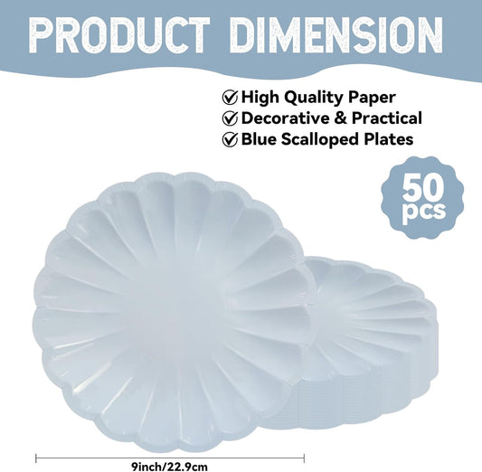 50Pcs Large Scalloped Light Blue Paper Plates 9Inch Shell Edge Dinner Plates for Cake Salad Fruit Disposable Dinner Serving Plates for Birthday Wedding Baby Shower Party Decorations