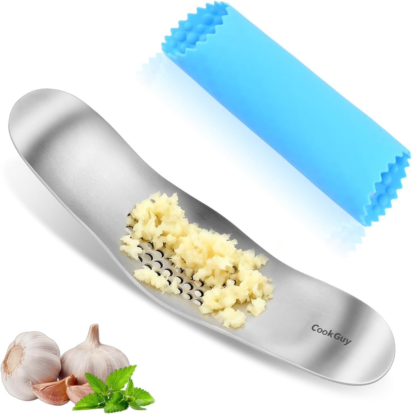 Cook Guy 304 Stainless Steel Garlic Press Rocker Set - Premium All-Steel Garlic Mincer, Crusher, Peeler, and Scraper Tool for Effortless Mincing –Dual-Handle Garlic Grinder(B0201)