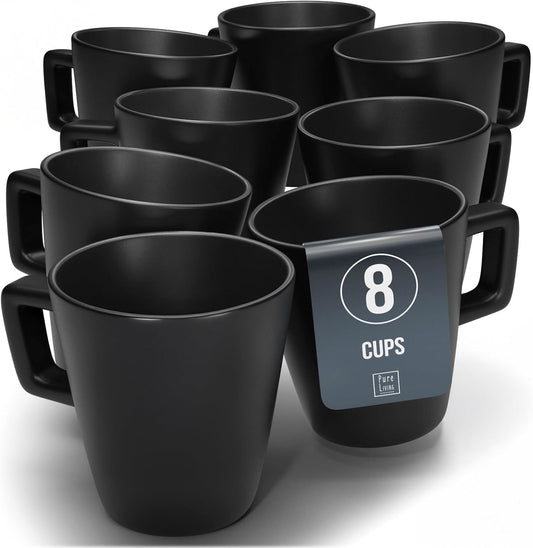 Stoneware coffee mugs set 8 pcs – 12 oz matte black ceramic cups – Dishwasher and microwave safe – Stylish large mug set – Dinner service Pure Living