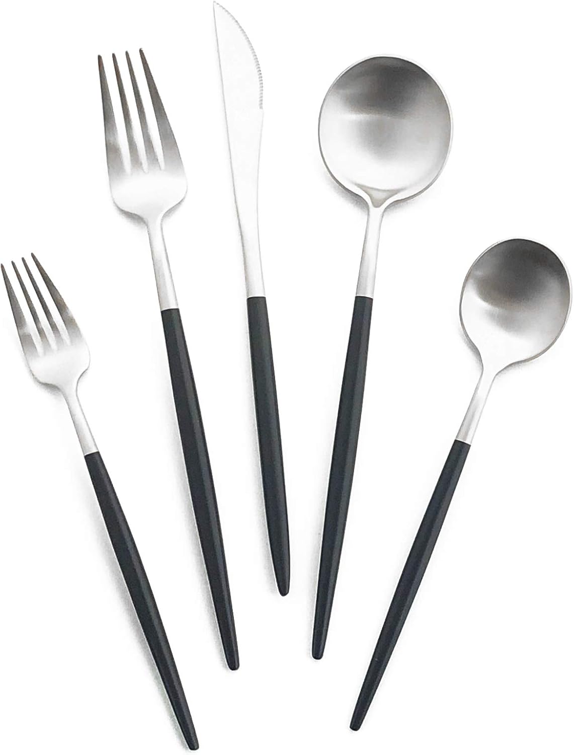 Matte Silverware Set, 10-Piece 18/10 Stainless Steel Satin Finish Flatware Set Service for 2, Kitchen Utensil Set, Tableware Cutlery Set for Home Restaurant (Black Handle Silver, 10-Piece)