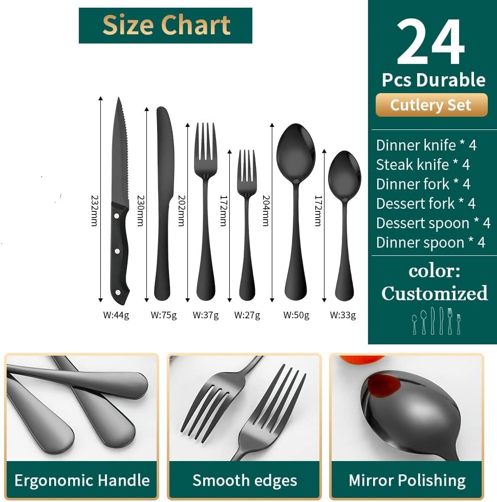 Black Cutlery Set for 4 Silverware Stainless Steel Flatware 24 Piece Fork Spoon Knives Perferct for Parties Restaurant Everyday Kitchen Utensils Mirror Polished