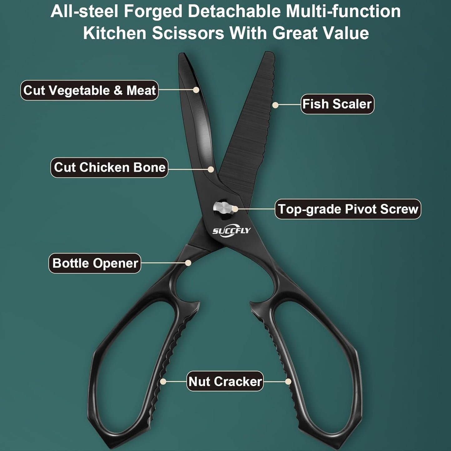 Kitchen Scissors for Food，Premium Kitchen Shears Heavy Duty，8.8″Ultra Sharp Meat Scissors Detachable Blade，All Steel Poultry Shears Black Titanium Plated，Anti-Slip Cooking Scissor All Purpose