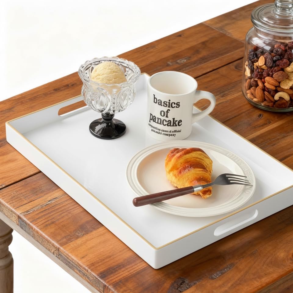 Zosenley Decorative Tray, Rectangular Plastic Tray with Handles, Modern Vanity Tray and Serving Tray for Bathroom, Kitchen, Ottoman and Coffee Table, 15.6” x 10.2” (White)