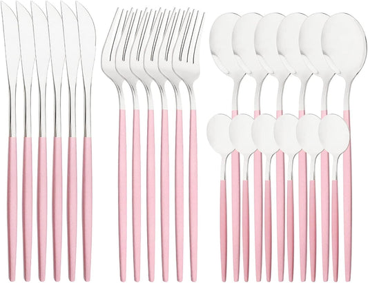 Mirror Cutlery Serving Set, 24-piece 18/0 Stainless Steel Silverware With Pink Handle Simple & Modern Tableware For Home Party Restaurant Christmas Dinner, Service For 6 (Pink Silver)