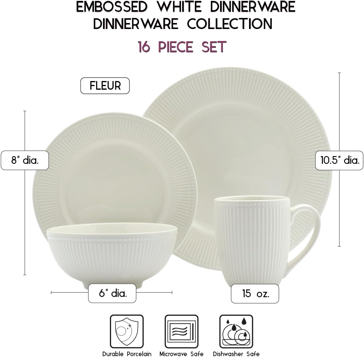 Tabletops Gallery Embossed Bone White Porcelain Round Dinnerware Collection- Chip Resistant Scratch Resistant, Fleur 16 Piece Dinnerware Set (Dinner Plate, Salad Plate, Cereal Bowl, Mug)