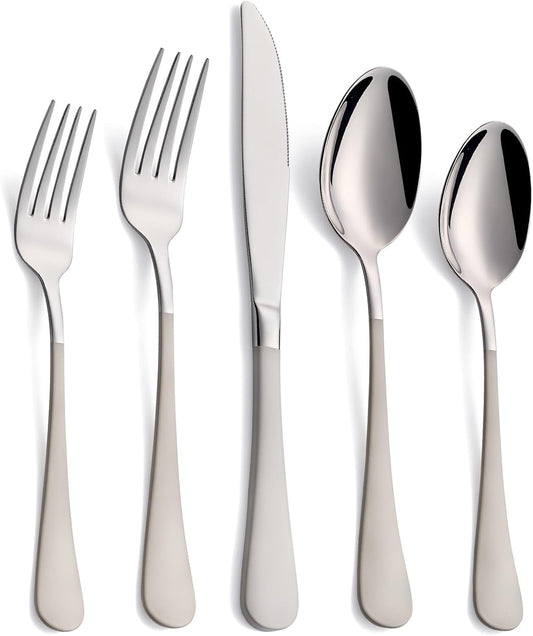 20-Piece Off White Silverware Set, 18/0 Stainless Steel Off White Handle Flatware Set, Service for 4, Modern Cutlery Set Includes Dinner Knives Forks Spoons,Mirror Polished,Dishwasher Safe