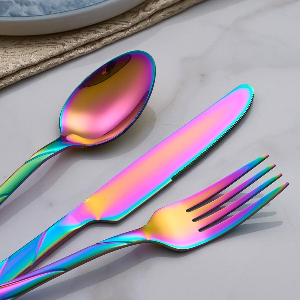 Rainbow Silverware Set for 12, 60-Piece Stainless Steel Flatware Set, Shiny Rainbow Metal Cutlery Set, Include Fork, Knife and Spoon Set, Dishwasher Safe