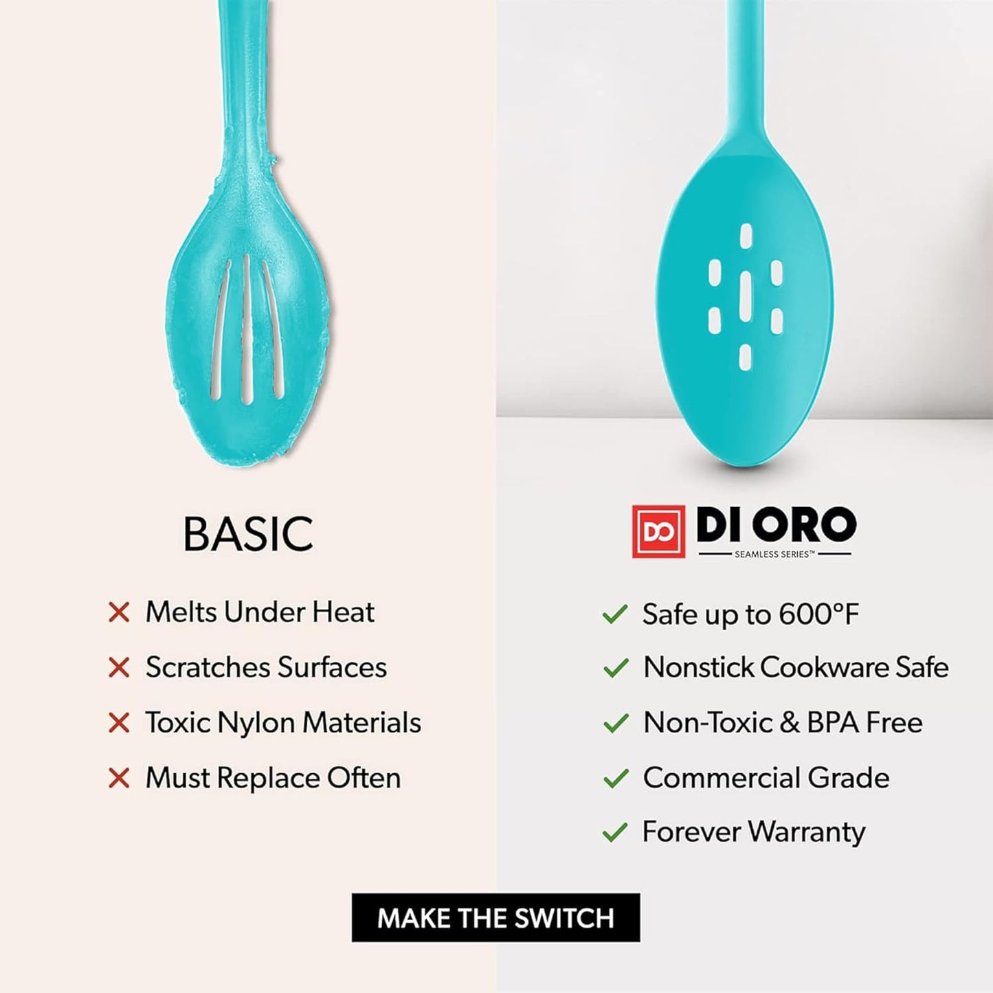 DI ORO Silicone Ladle & Spoons for Cooking – Large Kitchen Spoons for Mixing, Serving, & Stirring - Soup Ladle with Wide Bowl - High Heat Silicone Kitchen Utensils for Nonstick Cookware Safe (Teal)