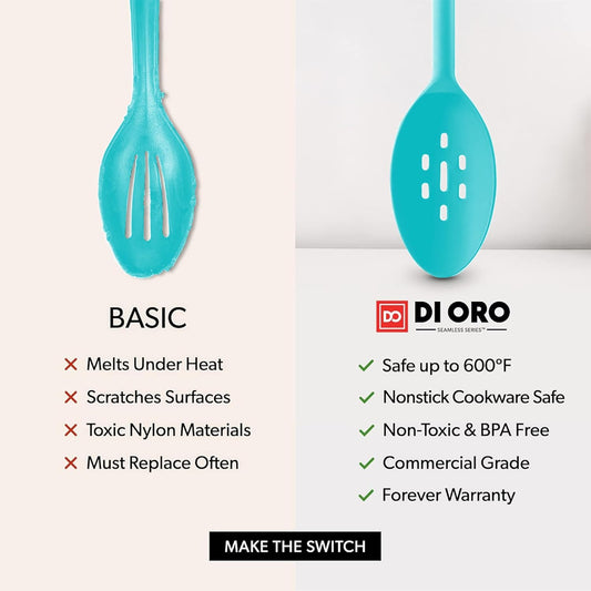 DI ORO Silicone Ladle & Spoons for Cooking – Large Kitchen Spoons for Mixing, Serving, & Stirring - Soup Ladle with Wide Bowl - High Heat Silicone Kitchen Utensils for Nonstick Cookware Safe (Teal)