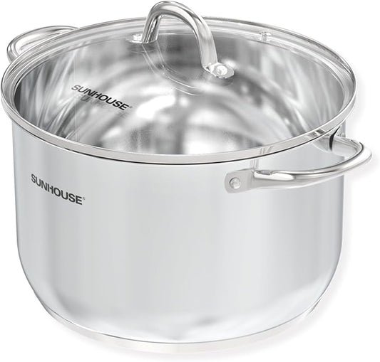 SUNHOUSE Stainless Steel Stock Pot - 11 Quart Heavy-Duty Induction Cooking Pot with Visible Lid for Pasta, Soup, Spaghetti - Nonstick Thick-Bottom Deep Stockpot for Canning, Boiling, and Simmering
