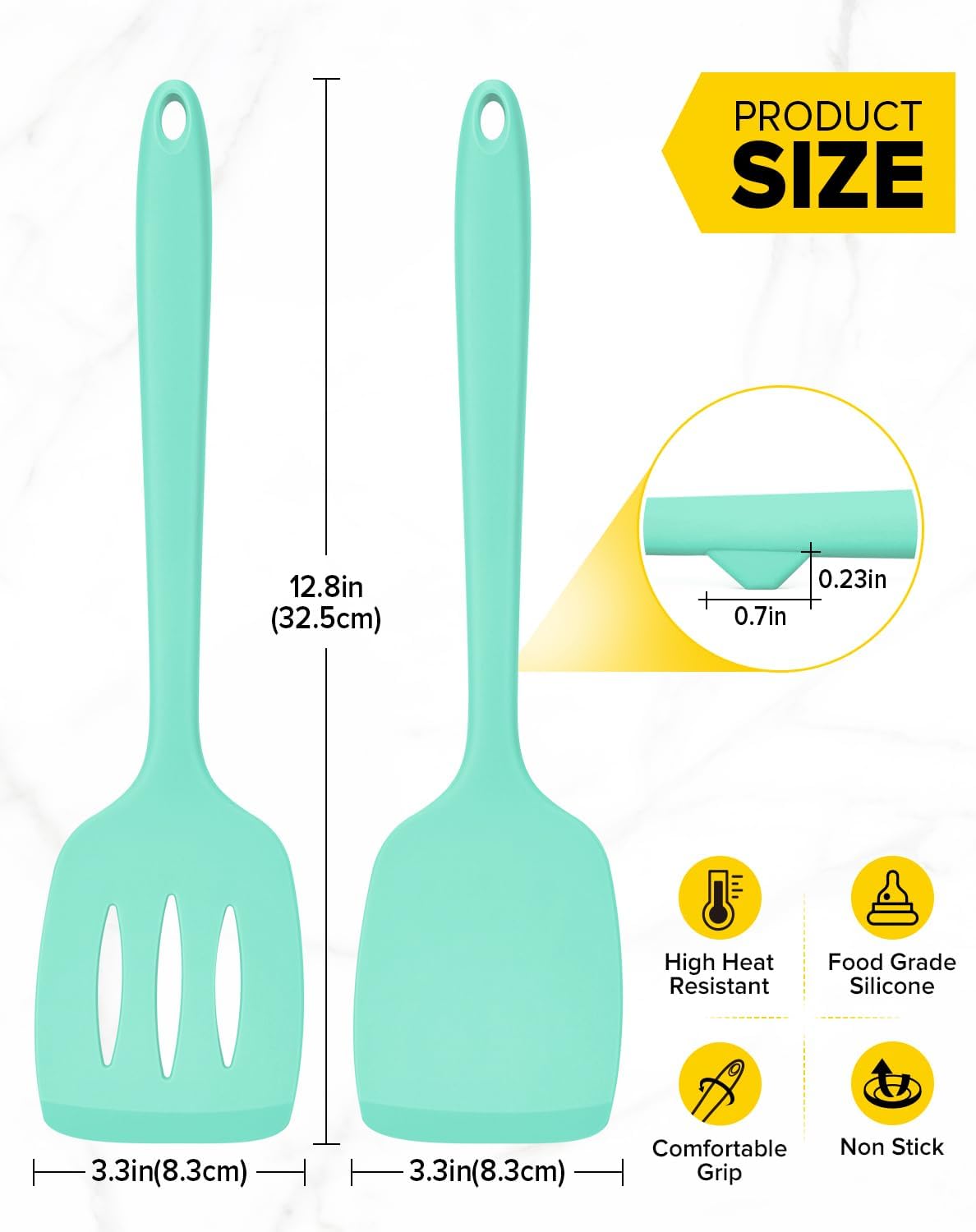 Pack of 2 Silicone Spatula Turners, Non Stick Slotted Kitchen Spatula Set, Heat Resistant BPA Free Kitchen Utensils, One-Piece Design, Suitable for Flipping Fish, Eggs, Steak, Pancakes (GREEN)