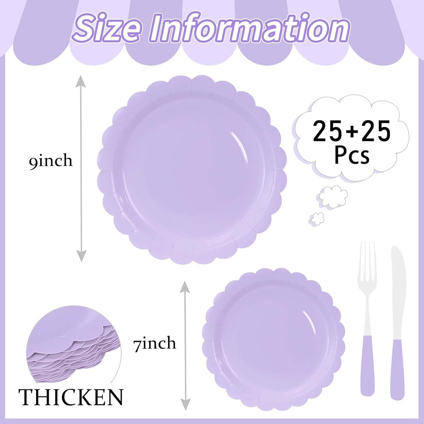 50 Pcs Light Purple Scalloped Paper Plates 25 × 7'' and 25 × 9'' Disposable Lavender Scalloped Dinner Plates for Wedding Baby Shower Birthday Party Disposable Dessert Plate