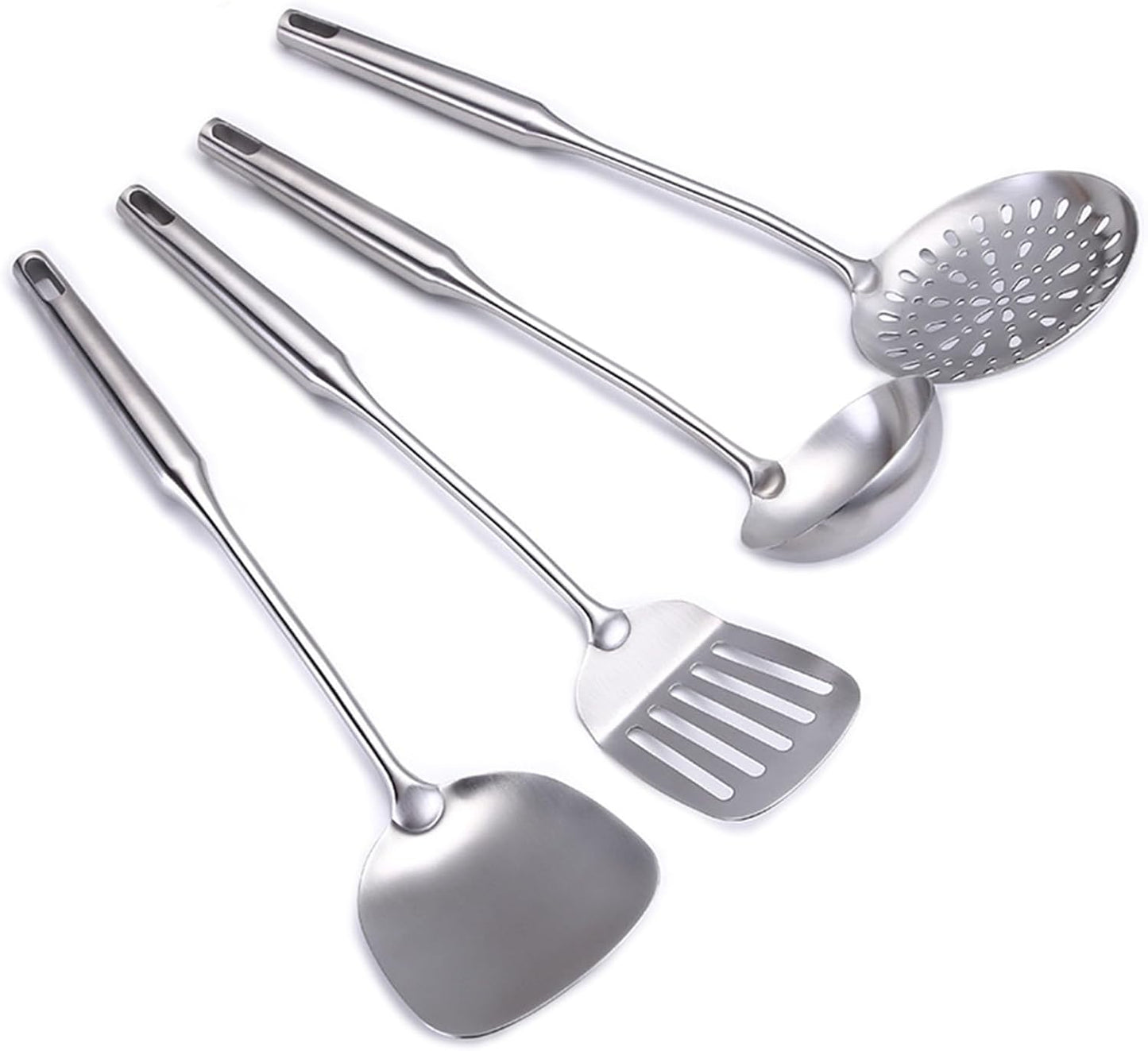 304 Stainless Steel Cooking Utensil Set 4-Piece Kitchen Utensils with Extra-Long Handles, Spatula,Ladle,Slotted Spoon,Slotted Spatula,One-Piece Construction, Ideal for Wok, Grilling, and Gifting