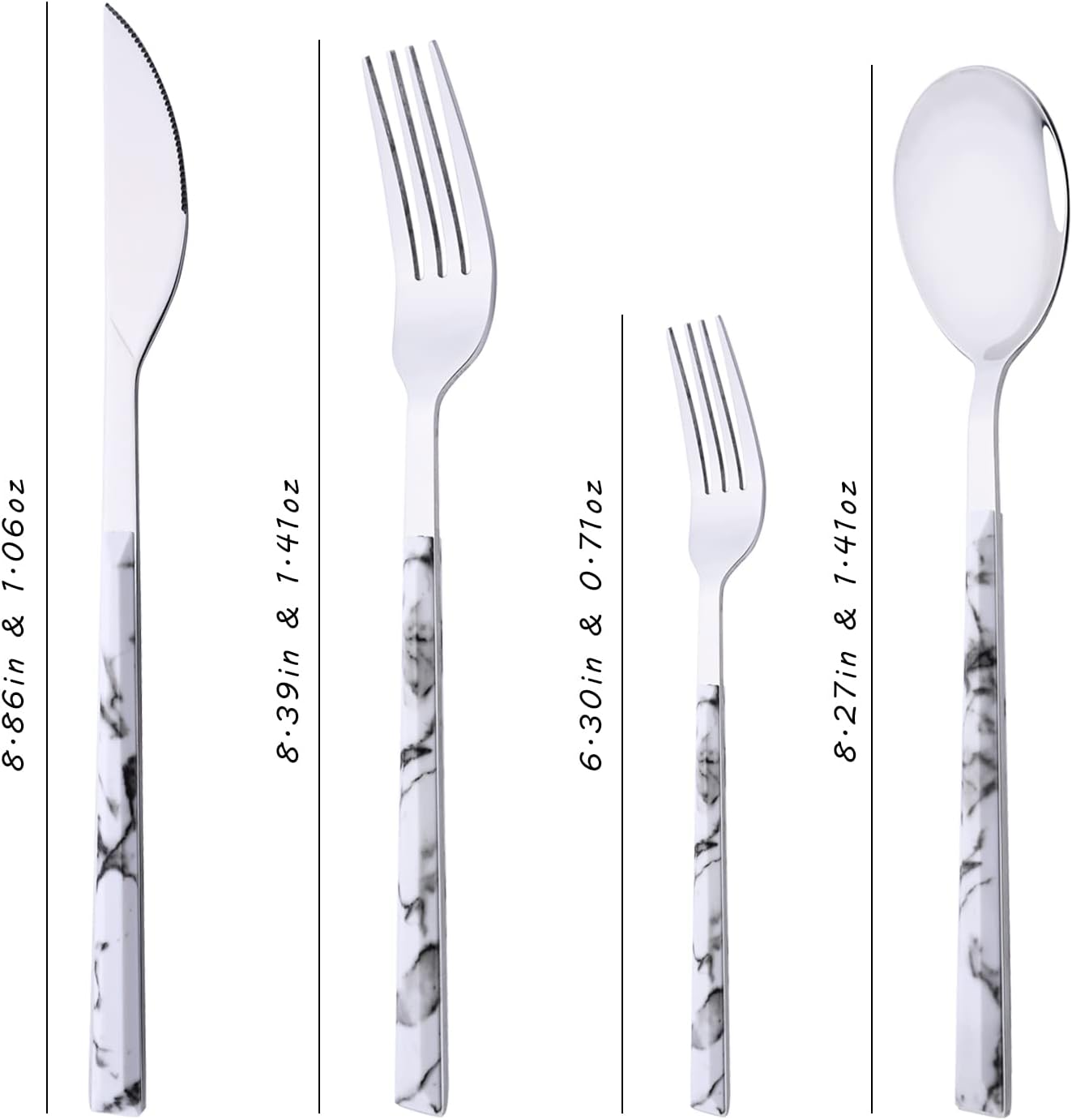 16-Piece Silverware Set with Dessert Fork, Stainless Steel Flatware Cutlery Set for 4, Mirror Finish Tableware Utensil Set, Marble Texture Handle, Include Knife Fork Spoon(White & Silver)
