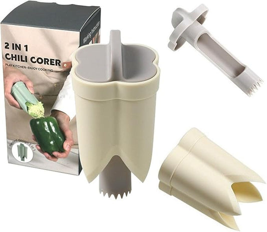 Pepper Corer, 2 in 1 Red Bell Pepper Seed Corer Remover Tool, Fruit & Vegetable Corers Quick Cave Tools for Jalapeno Cutter Deseeder, Off White