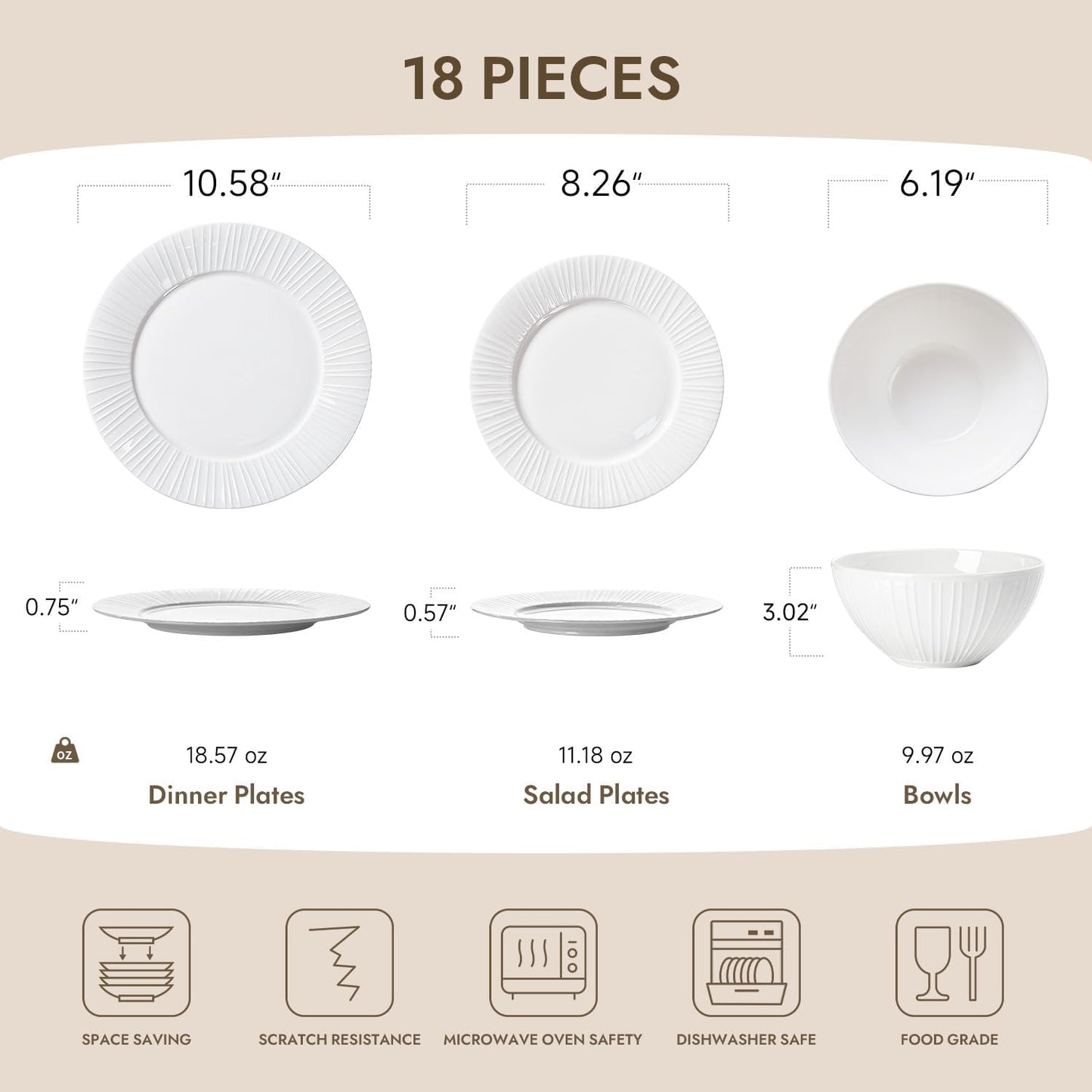 KINGSTONE Bone China Dinnerware Set, 18-Piece White Lightweight Porcelain with Textured Design Service for 6, Plates, Bowls, for Family Dining, Restaurants, Gifting，Microwave and Dishwasher Safe