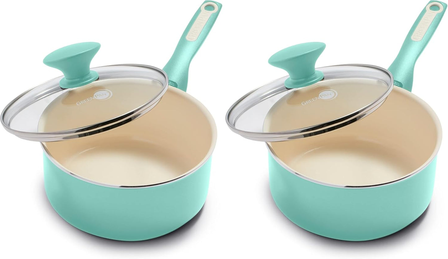 GreenPan Ceramic Nonstick Saucepan, 2QT | PFAS-Free | Dishwasher Safe | Turquoise | Pack of 2