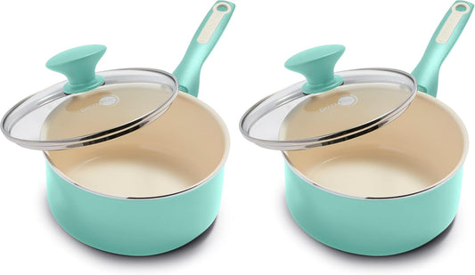 GreenPan Ceramic Nonstick Saucepan, 2QT | PFAS-Free | Dishwasher Safe | Turquoise | Pack of 2
