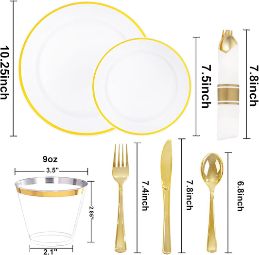 SUT 350 Pcs Gold and White Plastic Dinnerware Set for 50 Guests, Include: 50 Dinner Plates, 50 Dessert Plates, 50 Pre Rolled Napkins With Silverware, 50 Cups, Disposable Plates for Party, Wedding