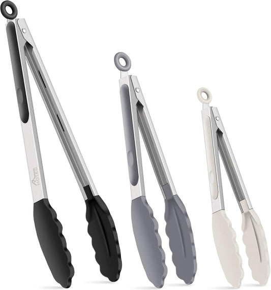 HOTEC Premium Stainless Steel Locking Kitchen Tongs with Silicon Tips, Set of 3-7", 9" and 12" (Black,Grey,Khaki)