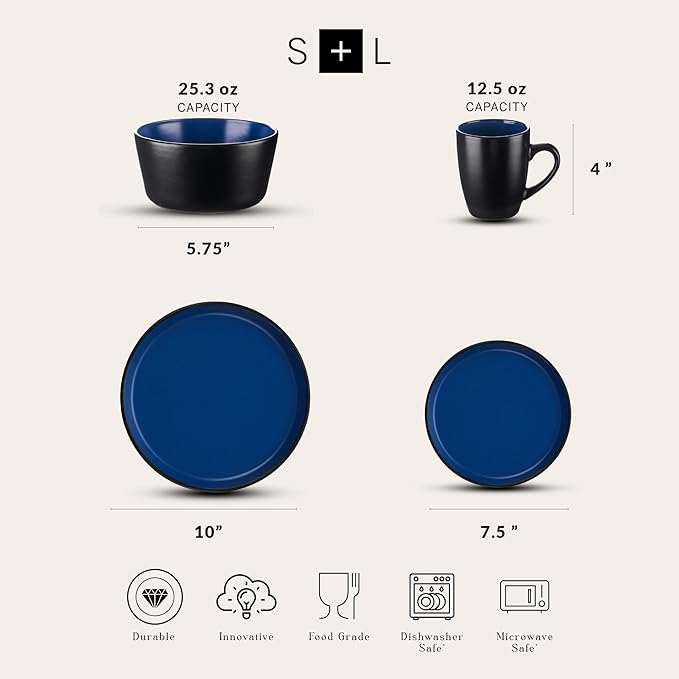 Stone Lain Albie Stoneware 32-Piece Modern Dinnerware Set, Kitchen Plates and Bowls Sets, Dish Set for 8, Blue and Black
