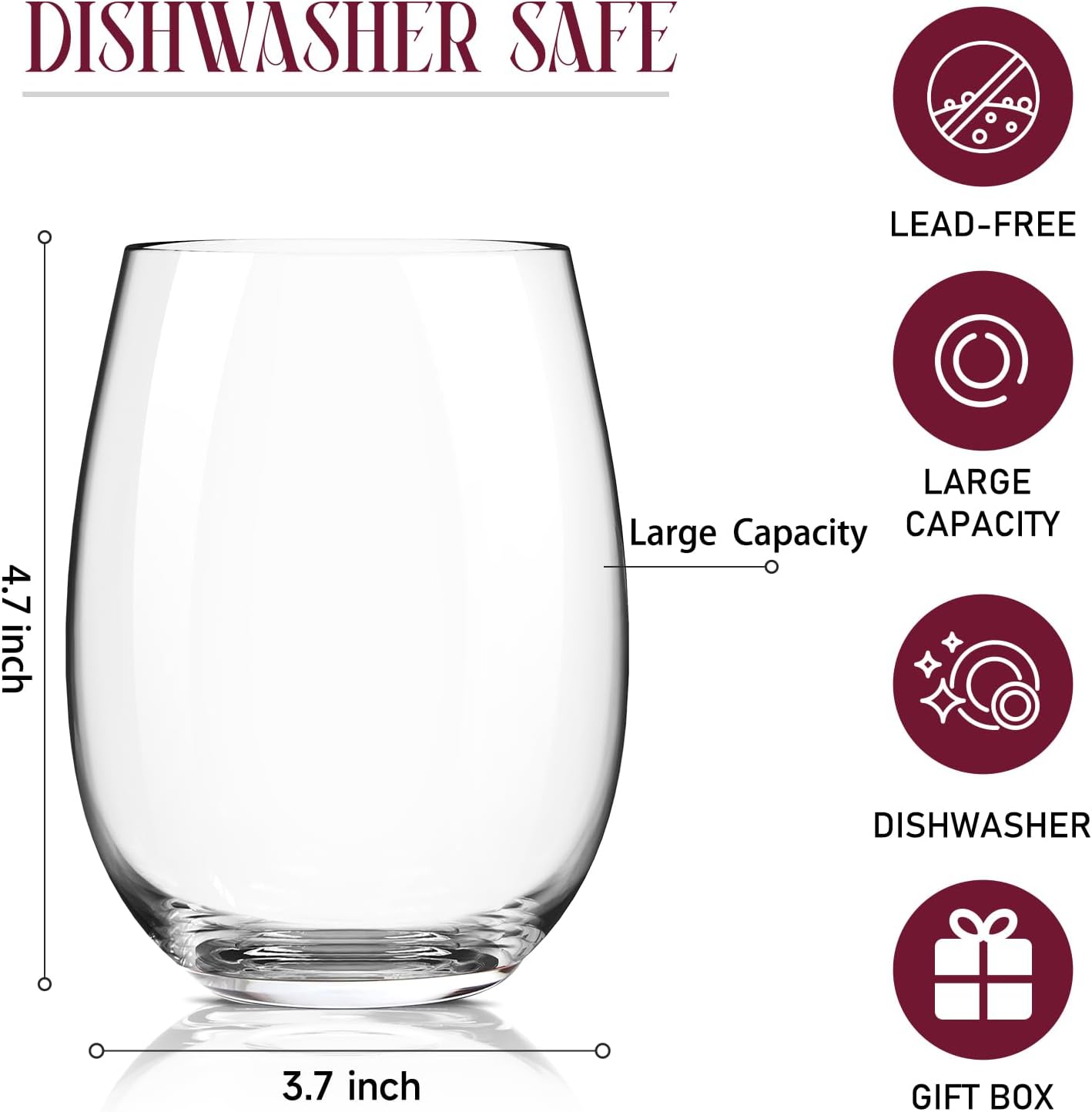 CHENGO Stemless Wine Glasses Set of 4 for Daily Use, 18oz Premium Stemless Red or White Wine Crystal Glass, No Stem Wine Glasses, Gifts for Wedding, Anniversary, Hosting, Birthday