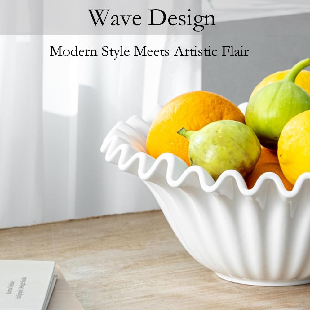 Large Decorative Bowl, 10 inches Porcelain Fruit Bowl for Kitchen Counter HandCrafted Ruffle Bowl for Home Decor Stylish Flower Dish for Party, White