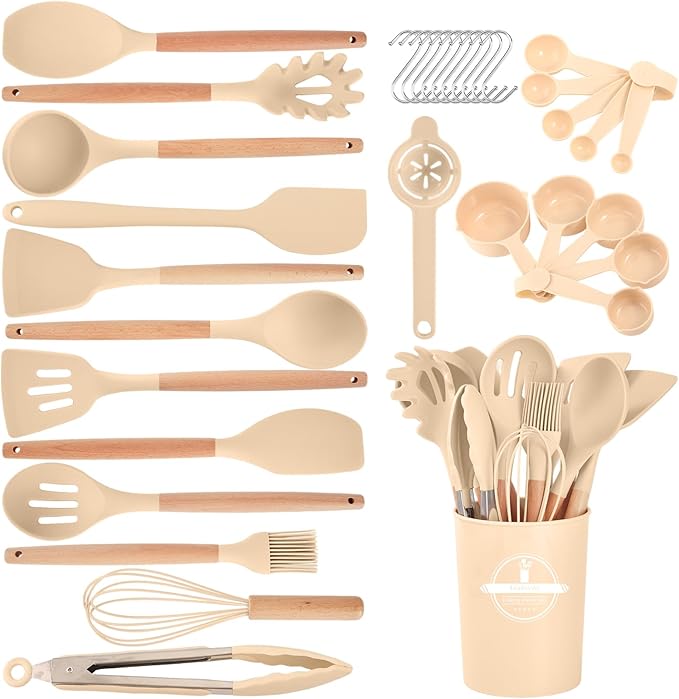 Kitchen Utensils Set - 34 PCS Non-Stick Silicone Cooking Utensils Set with Wooden Handle,Kitchen Gadgets Tools Set for Nonstick Cookware (Khaki-34P)