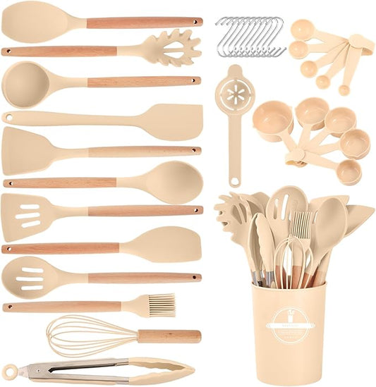 Kitchen Utensils Set - 34 PCS Non-Stick Silicone Cooking Utensils Set with Wooden Handle,Kitchen Gadgets Tools Set for Nonstick Cookware (Khaki-34P)
