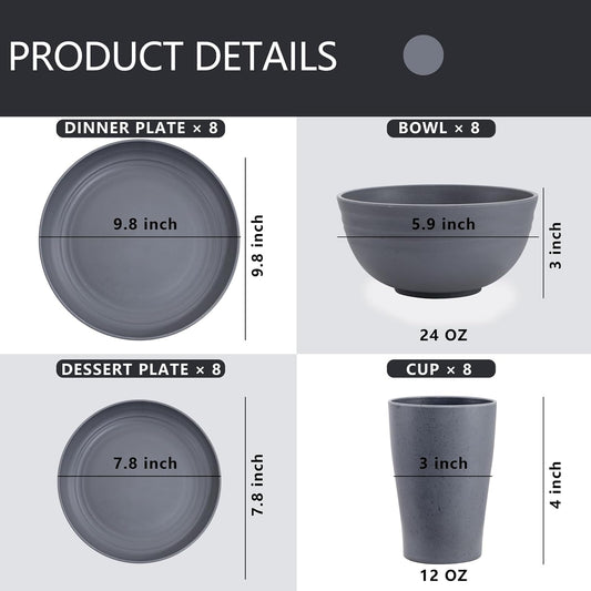 Supernal 32pcs Wheat Straw Dinnerware Sets,Unbreakable Dinnerware Sets for 8,Reusable Tableware,Dishes Set for 8,Plates and Bowls Set Dark Grey Include16pcs Plates, 8pcs Bowls, 8pcs Cups