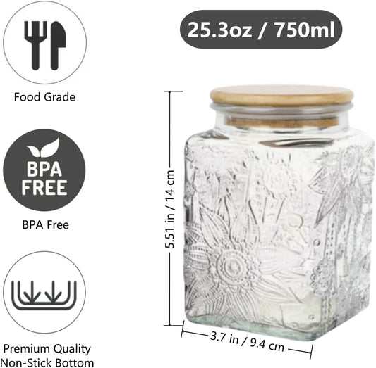 Vintage Glass Jar, 25.3 FL OZ Food Storage Container, Square Glass Jar with Lid, Decorative Jar for Home Kitchen Coffee, Tea, Candy, Sugar Jar (Square Sunflower)
