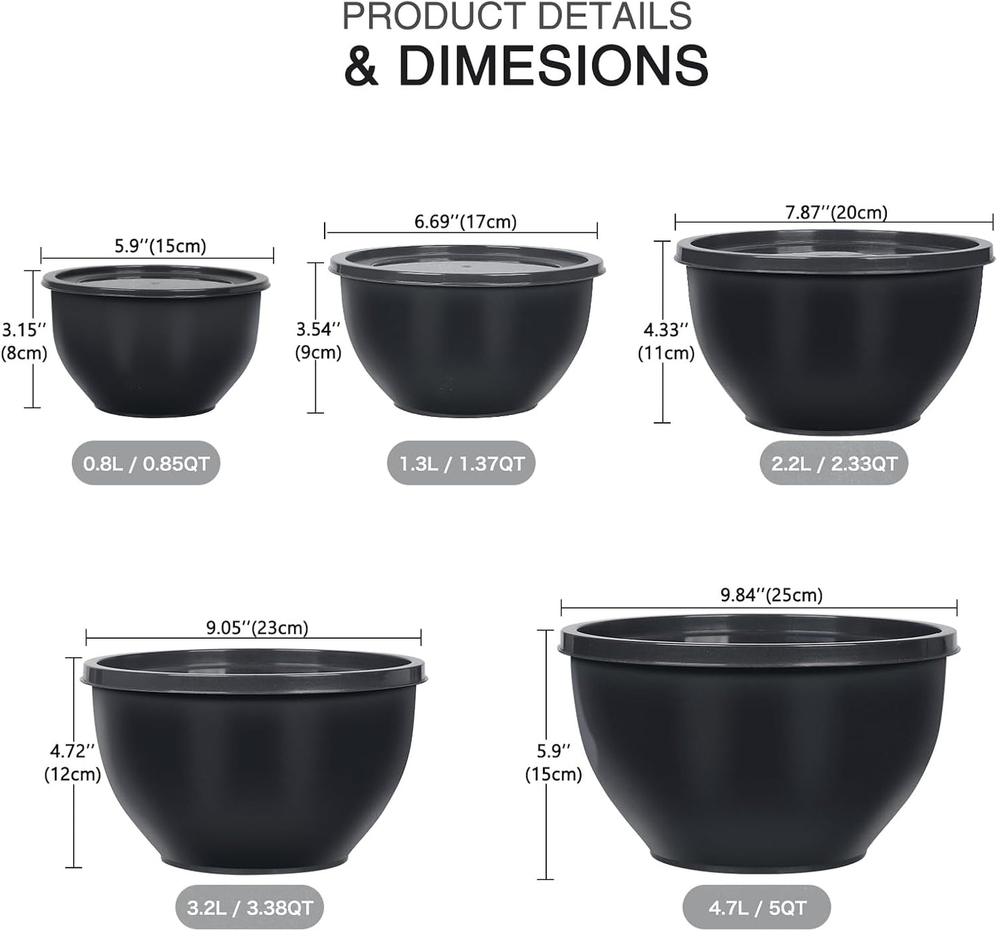 5-Piece Plastic Mixing Bowls with Lids Set for Kitchen, Nesting Bowls for Mixing, Baking, Prepping, Cooking and Serving Food, Grey Mixing Bowls Dishwasher, Microwave Safe, large