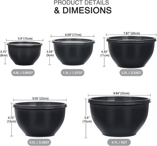5-Piece Plastic Mixing Bowls with Lids Set for Kitchen, Nesting Bowls for Mixing, Baking, Prepping, Cooking and Serving Food, Grey Mixing Bowls Dishwasher, Microwave Safe, large