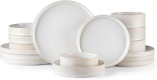 TheTerra Ceramic Dinnerware Sets with Pasta Bowls for 4, 16 Pieces Porcelain Lightweight Plates and Bowls Sets, Scratch Resistant Dish Set, Oven & Microwave & Dishwasher Safe, Reactive White