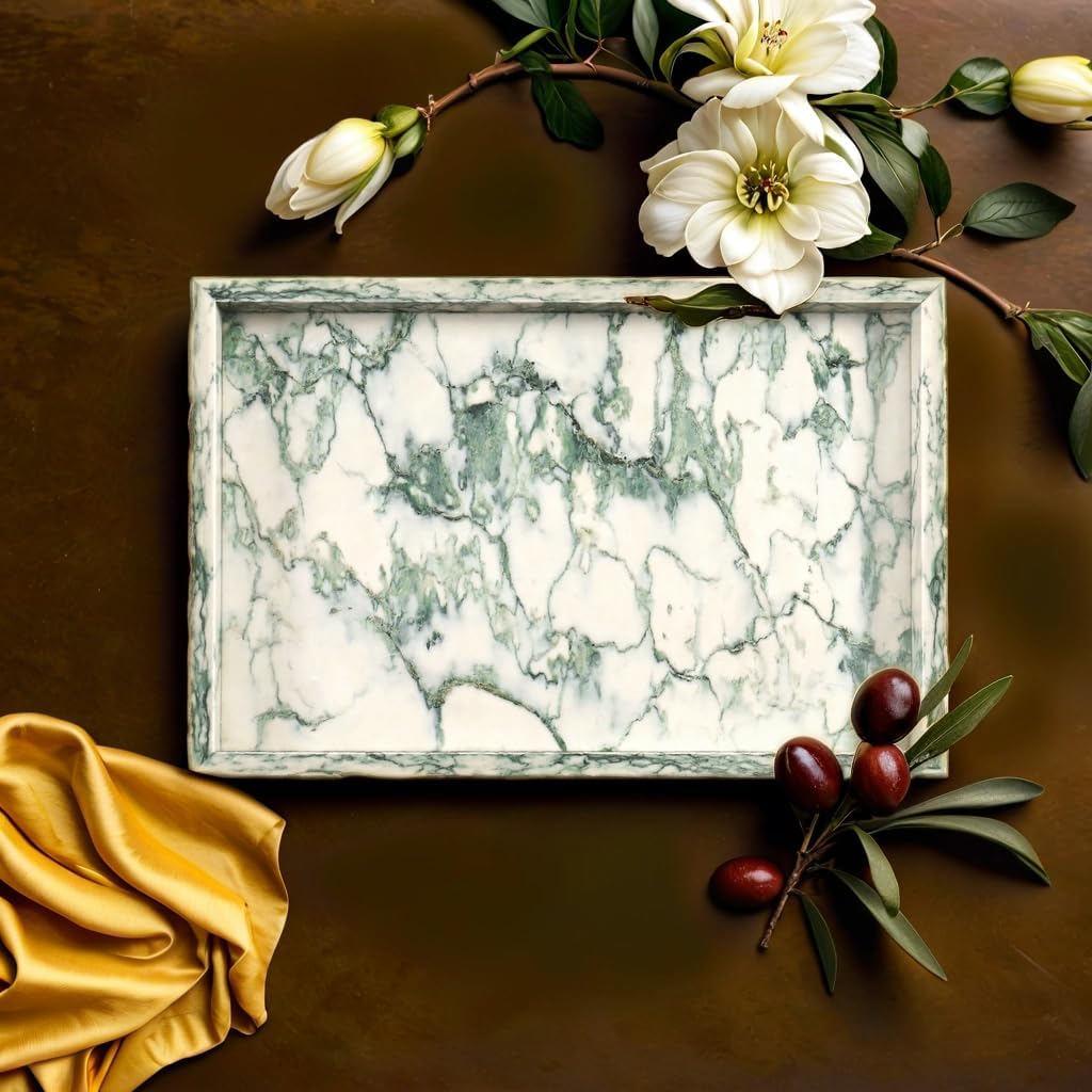 Yew & Tulip Natural Marble Vanity Tray, Nature Marble with Green Textures Serving Tray for Bathroom, Kitchen, Vanity, Home Decor, Wedding etc. (12" x 8" x 1.2")