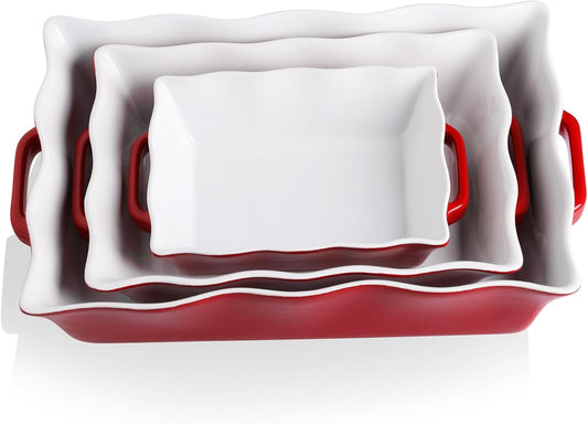 Sweejar Casserole Dishes for Oven, Ceramic Bakeware Set of 3, Rectangular Baking dish with Handles, Wave Edge Lasagna Pan Deep for Cooking, Cake, Dinner, Banquet and Daily Use (Red)