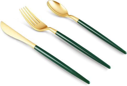 150 PCS Green Gold Plastic Utensils for 50 Guests, Gold Disposable Silverware with 50 Knives, 50 Spoons and 50 Forks, BPA Free, Ideal for Weddings, Birthdays & Graduation
