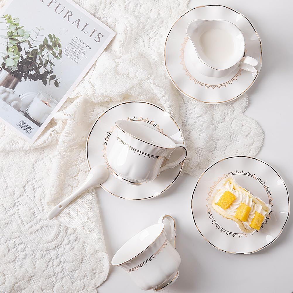 Sweejar 21 Pieces Porcelain Tea Set, Vintage Gold Trimmed Teapot Cup and Saucer Set, Tea Cup for Loose Tea, Sugar Bowl and Creamer Pitcher with Spoons, Service for 6(Elegant White)