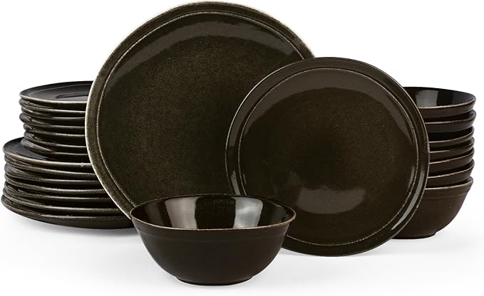 Famiware Aegean Stoneware Dinnerware Set for 8, Plates and Bowls Sets, 24 Pieces Scratch Resistant Dinner Set, Handmade Irregular Round Dishes - Microwave and Dishwasher Safe, Black Coffee