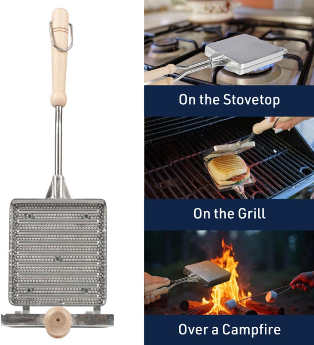 Hot Sandwich Maker Press for Stovetop or Campfire Cooking Equipment - Aluminum Flip Pan Sandwich Toaster with Handles - Panini Maker Great for Kitchen and Camping Cookware by Kings County Tools