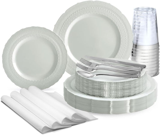 " OCCASIONS " 640pcs set (80 Guests)-Extra Heavyweight Vintage Wedding Disposable/Reusable Plastic Plates 80 x 11'' + 80 x 8.25''+Silverware+Cups+Napkins (Chateau Collection Light Gray)
