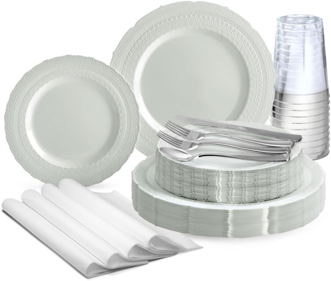 " OCCASIONS " 200pcs set (25 Guests)-Extra Heavyweight Vintage Wedding Disposable/Reusable Plastic Plates -25x 11'' + 25x 8.25''+Silverware+Cups+Napkins (Chateau Collection in Light Gray)