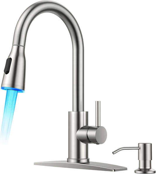 FORIOUS LED Kitchen Faucet with Soap Dispenser and Pull Down Sprayer, Brushed Nickel High Arc Single Handle 3 Modes Stainless Steel Bar Faucet for Kitchen Sink Wet Laundry Camper