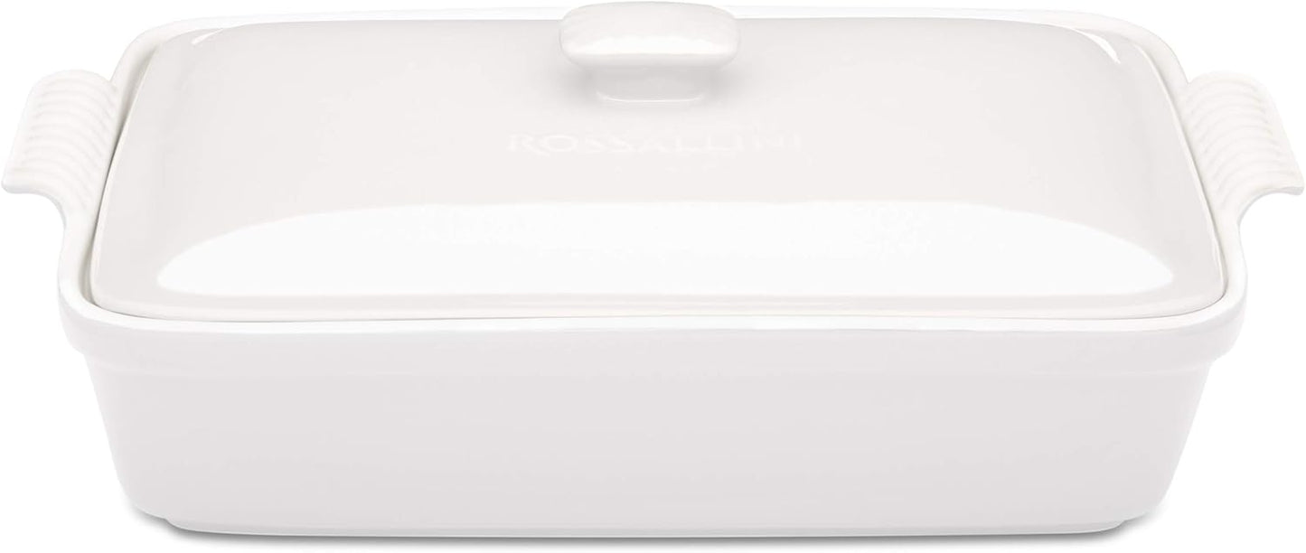 Stoneware Casserole Dish Bakeware Set with Lid, Covered Rectangular Dinnerware, Extra Large 4.23 Quart, 13 by 9 Inch, Bianco [White]