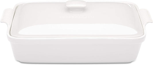 Stoneware Casserole Dish Bakeware Set with Lid, Covered Rectangular Dinnerware, Extra Large 4.23 Quart, 13 by 9 Inch, Bianco [White]